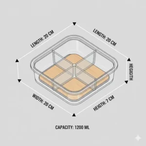Technical drawing showing the exact length and width dimensions of a 4 compartment tupperware.
