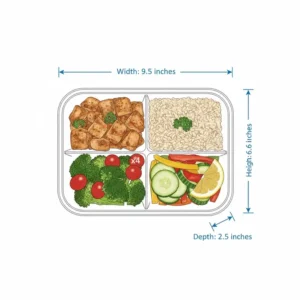 Detailed diagram showing the exact width, height, and depth of a standard 4 compartment container.