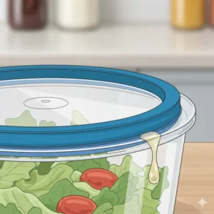 Close-up illustration of a silicone gasket seal on an airtight salad container preventing liquid leaks.
