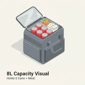 Interior view illustration of the 8 l insulated lunch bag showing capacity for six cans and a meal box.