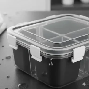 Close-up of the airtight silicone seal on a 4 section food container to prevent leaks between compartments.