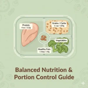 Educational guide showing portion control sections within 4 compartment meal prep containers.