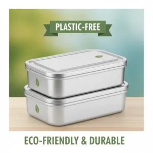 A stack of two durable and eco-friendly aluminum bento box containers showing a plastic-free design.