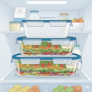 Stacked airtight salad container units organized inside a refrigerator for weekly meal planning.
