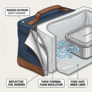Cross-section view of the thick thermal insulation inside an American made lunch bag to keep food cold.