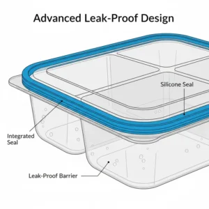 Close-up illustration of the advanced leak-proof silicone seal on a 4 compartment container lid.