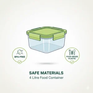 Highlighting the eco-friendly and BPA-free plastic materials of the 4 litre food container.