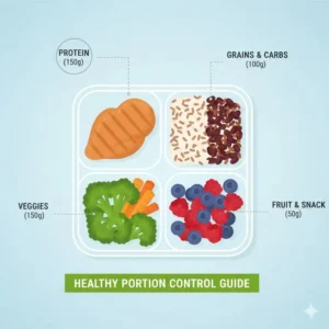 An illustration showing how to use a 4 section food container for healthy portion control and macro tracking.
