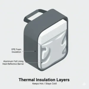 A technical cross-section showing the multi-layer thermal insulation of an 8 l insulated lunch bag.