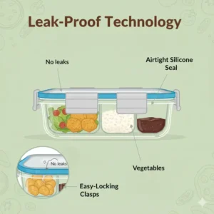 Diagram of the leak-proof airtight silicone seal on 4 compartment meal prep containers.