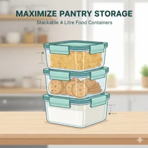 Demonstration of how to save space by stacking multiple units of the 4 litre food container.