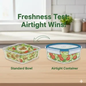 Comparison diagram showing wilted lettuce in a standard bowl versus crisp lettuce in an airtight salad container.