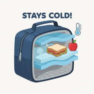 Illustration showing the interior capacity of an American made lunch bag filled with meal prep containers and snacks.