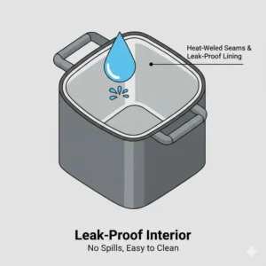 Close-up illustration of the heat-welded leak-proof interior lining of an 8 l insulated lunch bag.