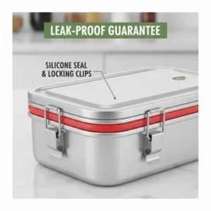 Close-up detail of the silicone seal and locking clips on a leak-proof aluminum bento box.
