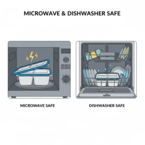 Graphic showing a 4 compartment container being used safely in both a microwave and a dishwasher.