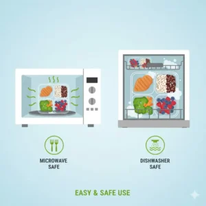 Illustration of a 4 section food container being placed in a microwave, highlighting heat-resistant materials.