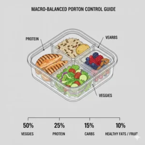 Educational infographic about macro-balanced portion control using a 4 compartment tupperware.