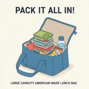 Graphic representing the sustainable production and eco-friendly materials used in a high-quality American made lunch bag.