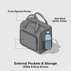 Detailed graphic showing the front zippered pocket and side mesh bottle holder of an 8 l insulated lunch bag.
