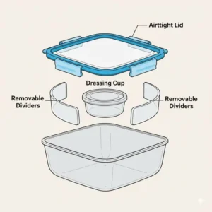 Detailed illustration of an airtight salad container showing the lid, dressing cup, and removable dividers.