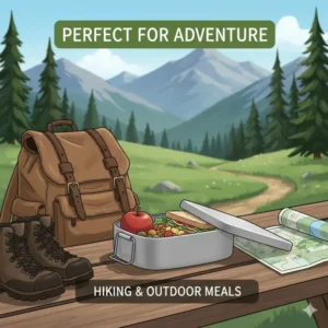An aluminum bento box placed on a picnic table during a hiking trip in the mountains.