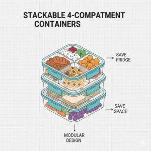 A stack of multiple 4 compartment tupperware containers showing how to save space in the fridge.