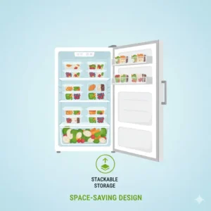 A stack of multiple 4 section food container items showing space-saving storage in a refrigerator.