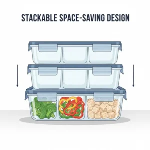 A stack of multiple 4 compartment container units demonstrating a space-saving storage solution.