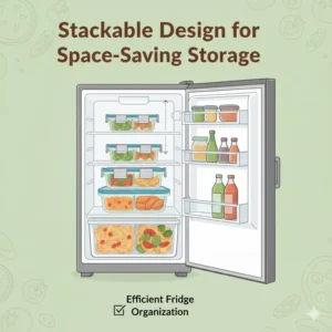 Fridge organization showing a stackable set of 4 compartment meal prep containers.