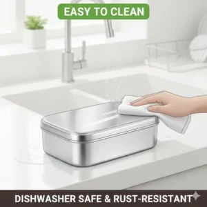 Someone cleaning a rust-resistant aluminum bento box in a modern kitchen sink.