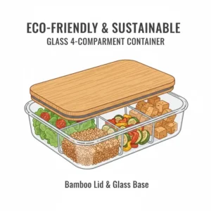 An eco-friendly glass 4 compartment container featuring a sustainable bamboo lid.