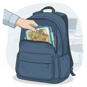 An airtight salad container being placed into a work bag, highlighting its compact and secure design.