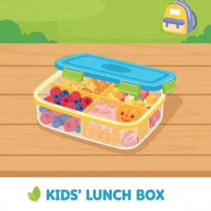 A colorful 4 section food container packed with kid-friendly snacks like fruit, crackers, and cheese.