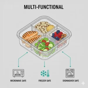 Icons representing the microwave, freezer, and dishwasher safe features of the 4 compartment tupperware.