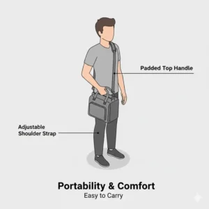 A person carrying an 8 l insulated lunch bag using the comfortable padded handle and adjustable shoulder strap.