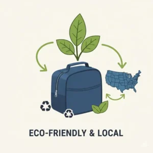 A sleek, professional style American made lunch bag held by a commuter on their way to the office.