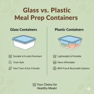 Comparison between glass and plastic 4 compartment meal prep containers materials.