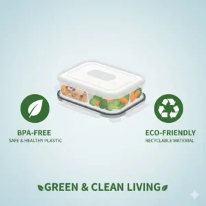 An illustration highlighting the eco-friendly and BPA-free plastic construction of a 4 section food container.