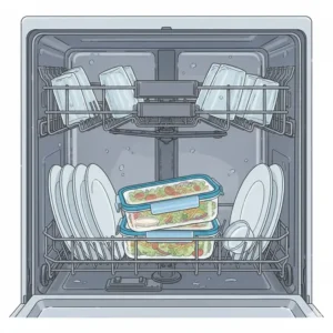 Illustration of a disassembled airtight salad container being placed in the top rack of a dishwasher.