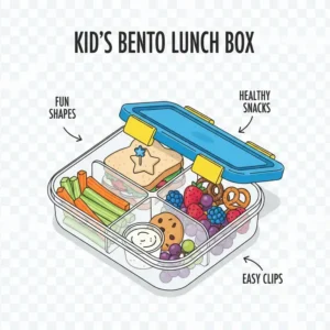 A colorful bento-style lunch for kids packed inside a 4 compartment tupperware with snacks.