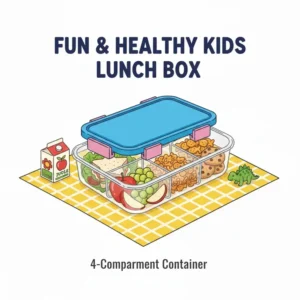A fun and healthy kids lunch box setup using a durable 4 compartment container.
