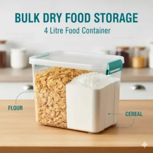 Storing bulk dry goods like cereal and flour inside a transparent 4 litre food container.