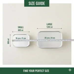 A technical size guide comparing different volumes and dimensions of an aluminum bento box.