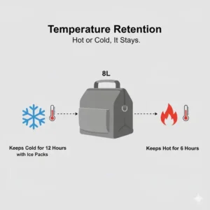 Infographic showing the hot and cold temperature retention capabilities of an 8 l insulated lunch bag.