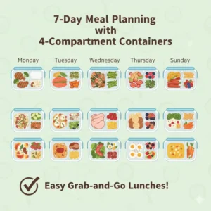 A 7-day meal planning layout using several 4 compartment meal prep containers.