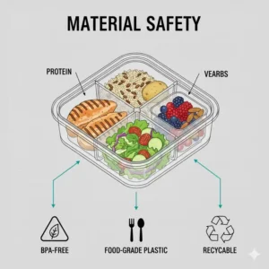 Material safety diagram highlighting the BPA-free and food-grade plastic of a 4 compartment tupperware.