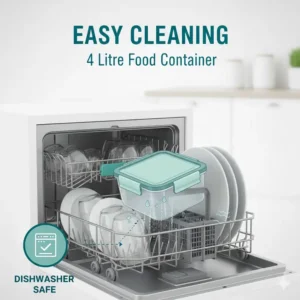 Placing a 4 litre food container in the dishwasher to show it is easy to clean and safe.