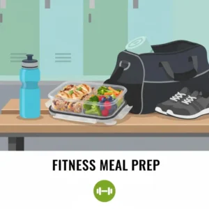 A 4 section food container next to a gym bag and water bottle, showcasing its use for fitness meal planning.