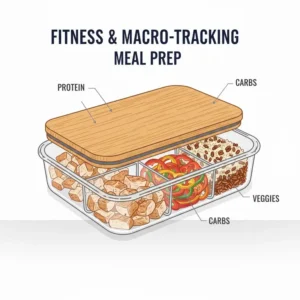 A 4 compartment container used for fitness meal prep with sections for protein, carbs, and veggies.
